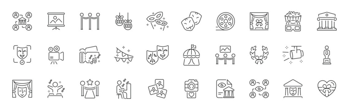 Entertainment and event line icons set with editable stroke in thin outline style