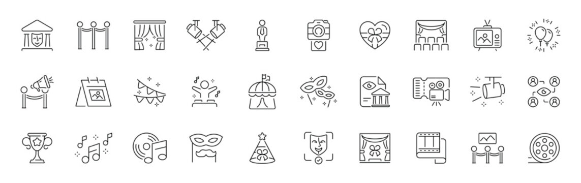 Entertainment and events outline icon set. thin line editable stroke pictograms of music, film, celebration