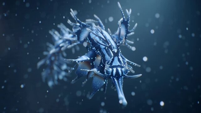 Close-up view of a blue sea creature with long spines underwater.