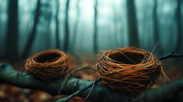 Two empty bird nests sit on a branch in a misty, blurred forest background, evoking a serene and natural woodland scene.