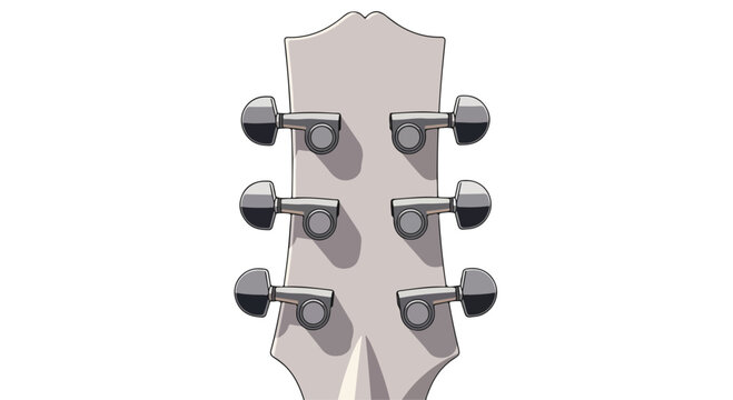 Close-up illustration of a guitar headstock with six tuning pegs on a white background, showcasing a grey wood grain texture and metallic hardware.