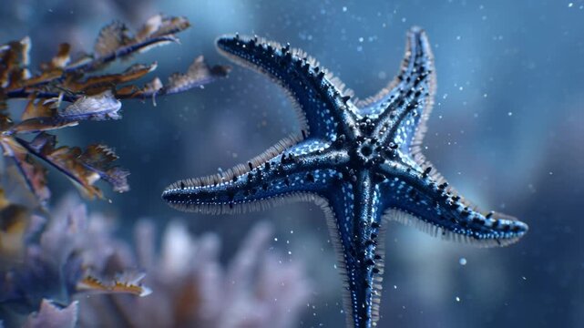 Close-up of a blue starfish underwater with coral and marine plants.