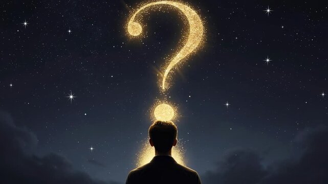 Silhouette of a person with glowing question mark in starry night sky symbolizing curiosity and mystery