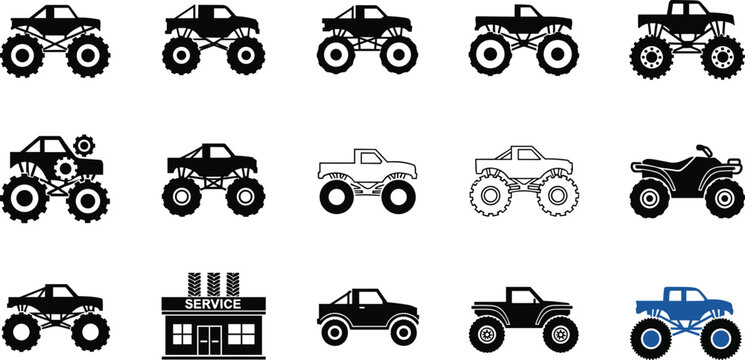Set of Monster Truck Illustrations with Various Poses, Service Icons, and Off-Road Designs for Automotive and Sports Graphics