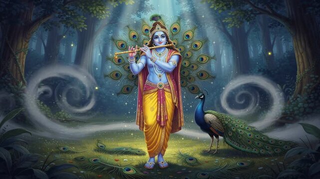 Divine Krishna playing flute in mystical forest surrounded by peacock feathers and glowing lights