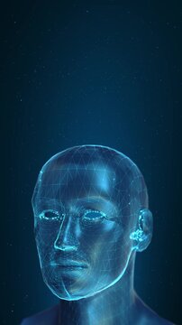 Artificial Intelligence Robot Head with Glowing Data Points Wireframe Face Scan 3D cybernetic face model representing digital identity. for security system ads, metaverse futuristic character design