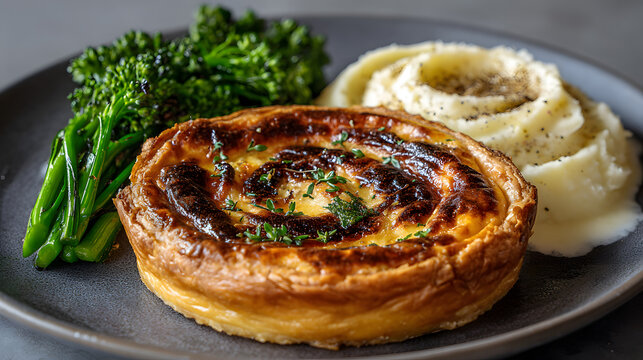 Golden puff pastry quiche with mashed potatoes and broccolini on plate