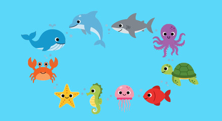 Obraz premium Cartoon illustration of various colorful sea creatures in a circular arrangement