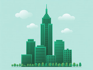 Obraz premium A stylized illustration of a green city skyline with skyscrapers and trees under a light blue sky