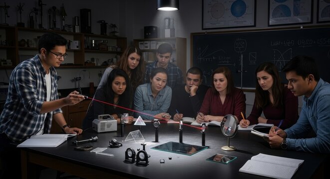 Students learning optics with laser pointer experiment
