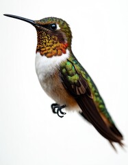 Obraz premium Anna hummingbird portrait isolated on white background shows detailed iridescent green feathers, orange throat, white chest. Tiny bird with long beak, sharp claws, intricate plumage, perfect for