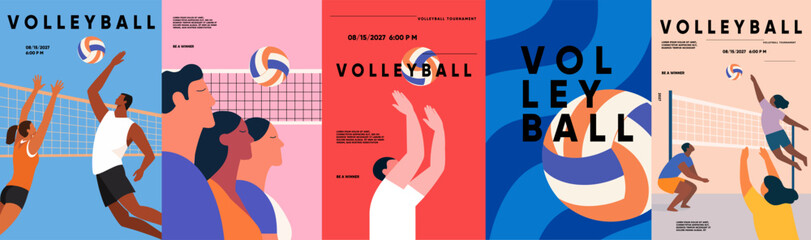 Volleyball sports tournament. Vector modern flat illustration of players, beach volleyball, ball, game and net for a poster, match promotion, championship event, template, flyer, and background. © Ardea-studio