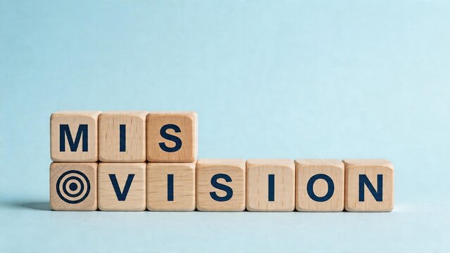 Business wooden blocks text misvision concept company vision and mission statement confusion corporate strategy problems lack of direction organizational management challenge