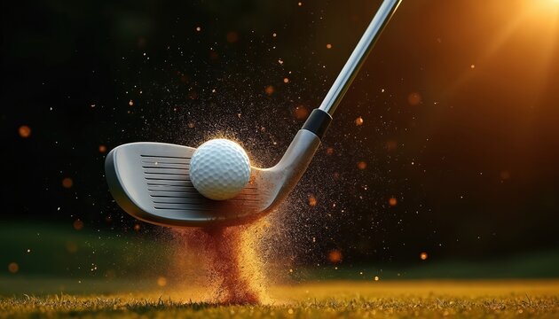 Golf club strikes white ball sending dirt flying in dramatic action shot. Sunlight flares on grass and equipment. Precision and power in motion.