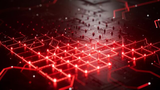 Futuristic digital network with glowing red lights and circuit board technology concept