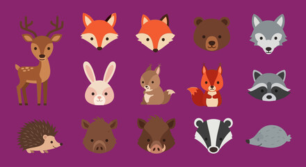 Colorful cartoon illustrations of various forest animals arranged in a grid © Hridoy
