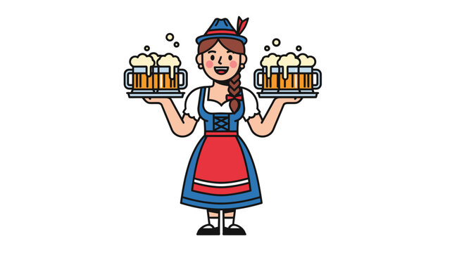 Oktoberfest Waitress Holding Beer Mugs Vector Illustration, Traditional German Dirndl Girl Serving Drinks for Festival Celebration, Flat Design Character Graphic