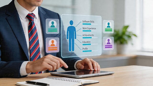 Businessman interacting with digital tablet displaying holographic human figure profile evaluating software skills work experience achievements education and career attributes in