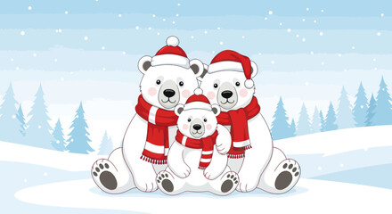 Cute Polar Bear Family in Winter Snow, Wearing Scarves and Hats © zui