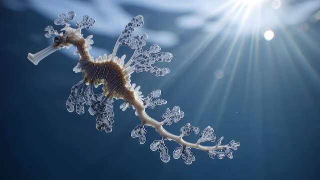 Underwater close-up of a ghost pipefish with intricate body details and sun rays above.