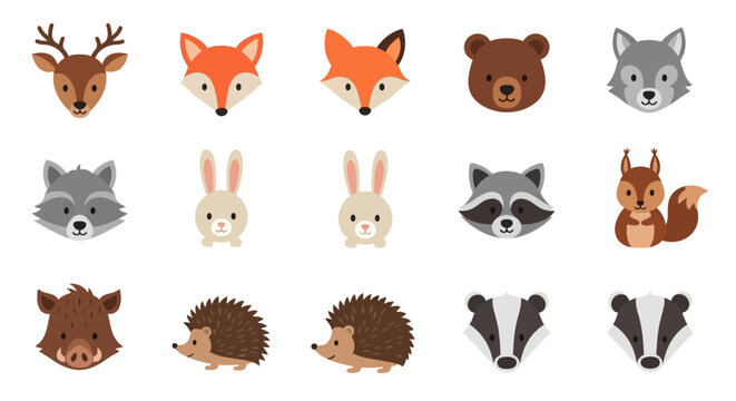 Cartoon animal heads deer fox bear rabbit and other wildlife