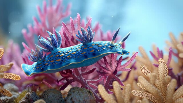 Colorful blue sea slug crawling on vibrant coral reef underwater.