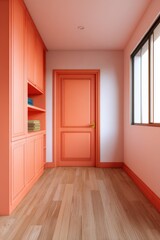 Obraz premium Coral hallway with closed paneled door and built in cabinets beside a large window featuring hardwood floor bright modern interior design