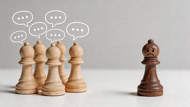 Business chess group leaders isolating sad employee with speech bubbles