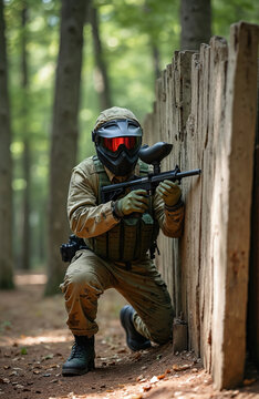 Man in paintball gear crouches behind wooden barrier holding marker gun. Player wears mask helmet tactical vest camouflage uniform for woods game combat.
