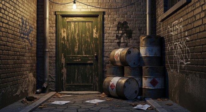 A weathered wooden backdoor in a gritty urban alley