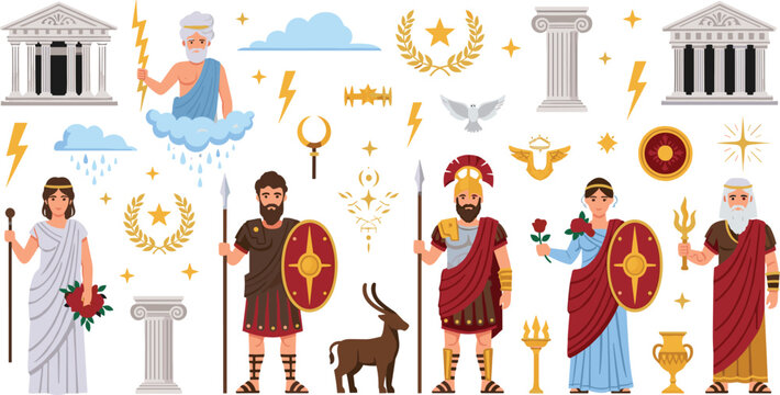Ancient Greek Mythology Gods Vector Set Featuring Zeus, Athena, Warriors, Temples, Columns, Lightning Symbols, and Classical Mythological Characters Illustration