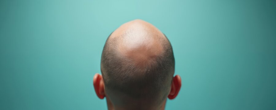 Man from above on teal backdrop. Focus on male head showing thinning hair and scalp. Concept for hair loss solutions and hair regrowth treatments.