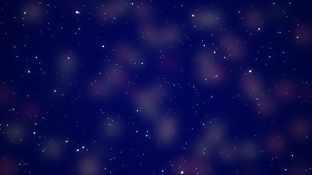 A deep navy blue background is filled with numerous small white dots representing stars and soft, blurred patches of purple and pink light resembling distant nebulae or galaxies creating a cosmic