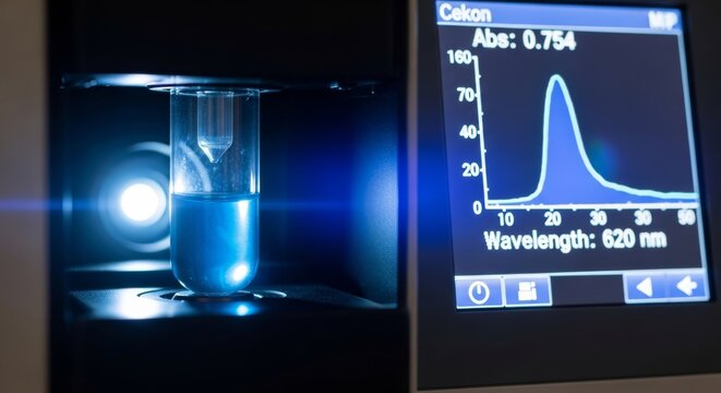 Spectrophotometer Cuvette With Blue Sample And Data Display