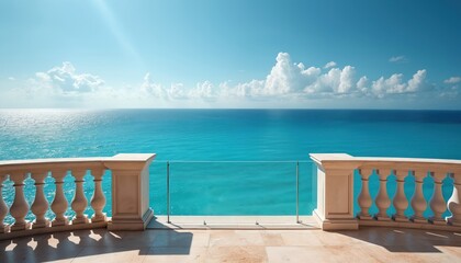 Obraz premium Balcony with ornate railing overlooks turquoise ocean water and clear blue sky. Sunlight reflects on the sea. Serene seascape with bright clouds. Beautiful panorama.
