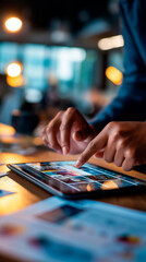 Naklejka na ściany i meble Close up of hands organizing video content thumbnails and image post tiles on a tablet interface for social media management with engagement tracking panels warm office lighting