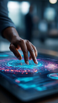 Close up of a hand on a holographic radar chart interface showing multidimensional business performance metrics with overlapping colored polygons cool blue holographic glow
