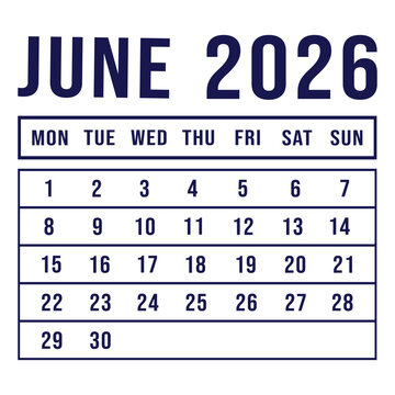 2026 June Calendar Vector &ndash; Modern Blue Grid Monthly Planner with Weekday Header, Printable Wall Calendar Template On White Backround.