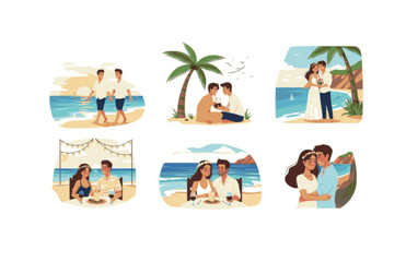 Fototapeta premium Couple on Honeymoon by the Ocean and Romantic Beach. Black Vector Silhouette of Love, Vacation and Summer Travel for Newlyweds.