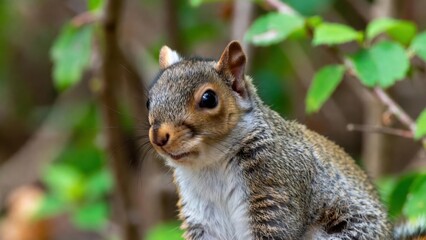 Fototapeta premium Eastern gray squirrel close up portrait with soft bokeh leaves for nature background and wildlife wallpaper design