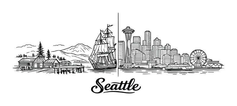 Seattle skyline sketch with space needle, waterfront ferris wheel and historic ship for poster and background design and travel card layout