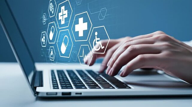 Medical Technology at Your Fingertips: A close-up view of hands expertly navigating a laptop keyboard.