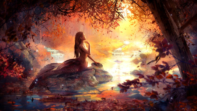 A beautiful young mermaid sings in the autumn forest, she is a long-haired girl, sitting on a stone in an elegant pose in the middle of falling leaves and a small forest river. 2d fantasy art.