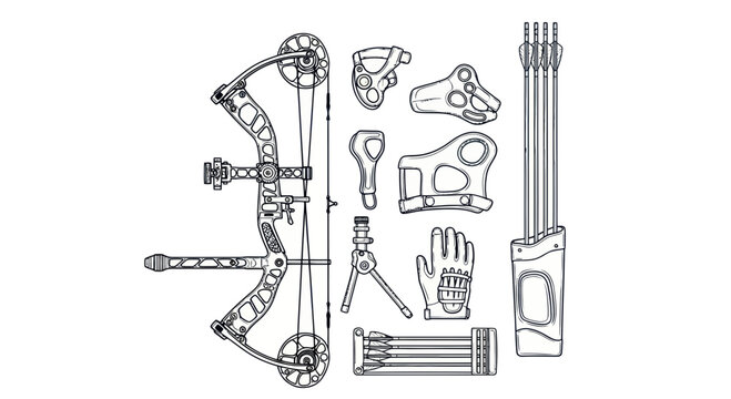Compound Bow and Archery Equipment Set - Line Art Illustration