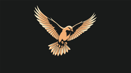 Fototapeta premium Powerful illustration of a bird in flight with wide spread wings in warm peach tones highlighted against a solid black background.