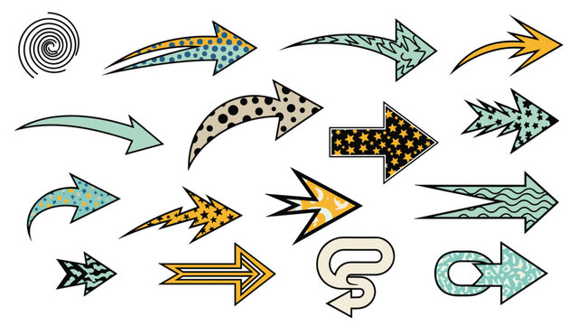 Set of decorative arrows with diverse patterns and colors including stars, dots, and waves for creative graphic design and pointers.