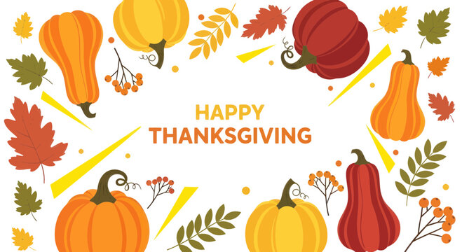 Happy Thanksgiving Autumn Harvest Pumpkins and Leaves Decorative Border