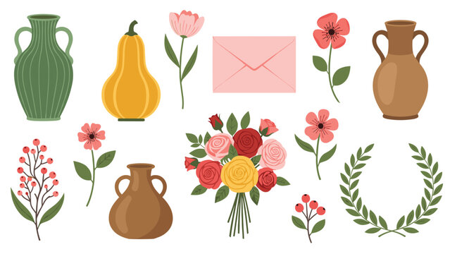 Assorted collection of decorative objects including earthen vases, a long pumpkin, floral bouquets, and a laurel wreath in warm tones.