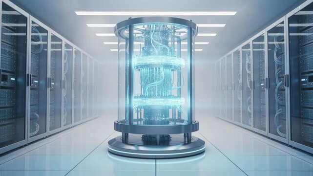 Futuristic quantum computer in a modern data center with glowing blue lights and advanced technology