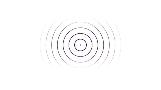 Concentric circles in shades of purple and white, with the outermost circles fading into transparency, emanate from a central dot on a clean white background, suggesting a ripple effect or signal